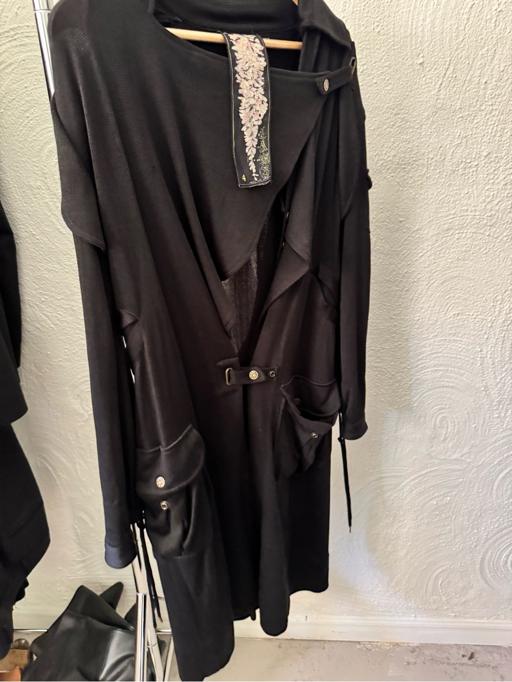 L.A.M.B. Black Draped Long Trench Coat with Embroidered Collar Detail